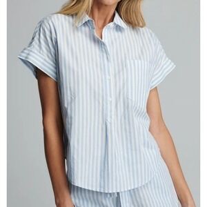 Sundays Women's Bruno Shirt Medium Striped Cotton Short Sleeve Button Down Blue